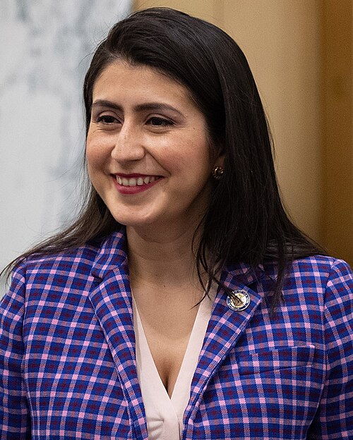 Photo of Jessica Ramos smiling and looking off and to the left. She is wearing a striking purple jacket with a tight windowpane pattern in lighter purple or white, a lapel pin, and a pink or white blouse