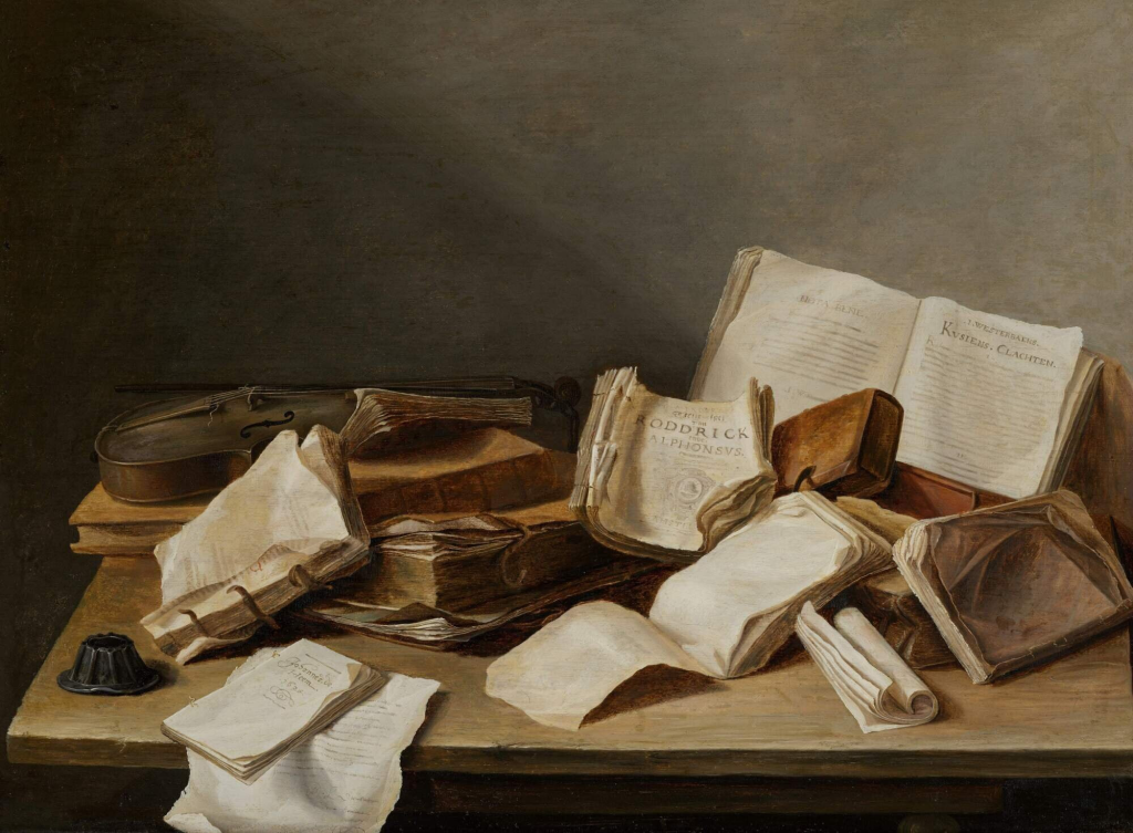 Painting of a desk with a collection of pamphlets and books and a violin